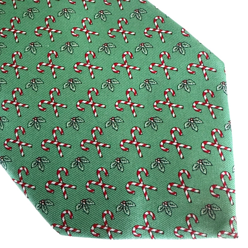 Vineyard Vines Candy Cane Holly Necktie Mens One Size Green Silk Holiday Festive